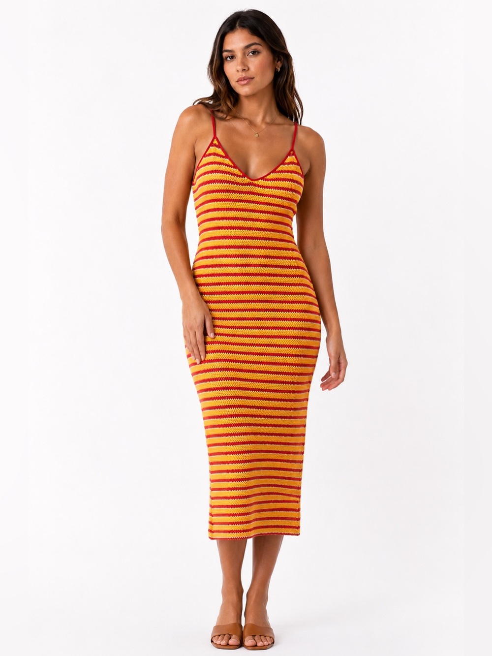 Zara Striped Jacquard Crocheted Midi Dress - Orange & Yellow